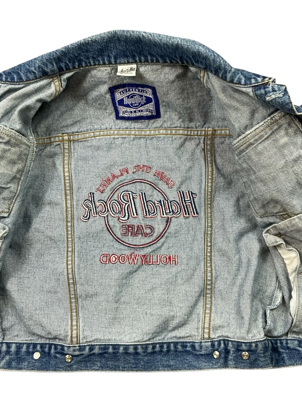 Vintage 90s Hard Rock Cafe Hollywood medium washed denim jacket youth S/M - Picture 6 of 7